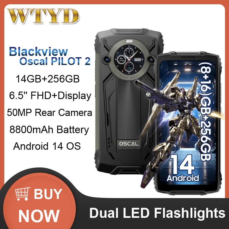 Blackview Oscal PILOT 2 Rugged Phone (8+16)GB+256GB Dual LED Flashlights 8800mAh 6.5'' Android 14 MTK MT6789 4G NFC Smartphone