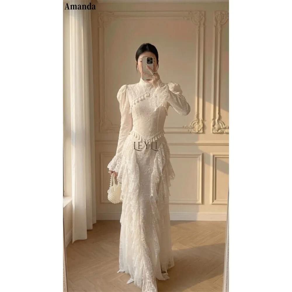 Amanda Customizd High neck Long sleeve Floral Lace Maxi Gowns Prom dress Tiered ruffle Vintage Romantic Women's formal gown 2026