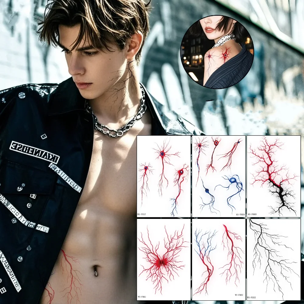 2Pcs Halloween Blood Vessel Temporary Tattoos Realistic Vein Nerve Cell Lightning Tattoo Stickers Waterproof for Cosplay Makeup