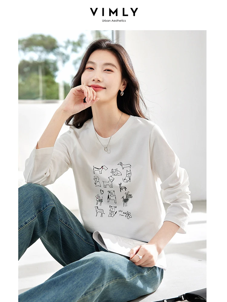 VIMLY Women\'s Simple Commuter White T-shirt Autumn New Casual  Round Neck Cotton Long Sleeve Animals Cartoon Printed Blouse Top