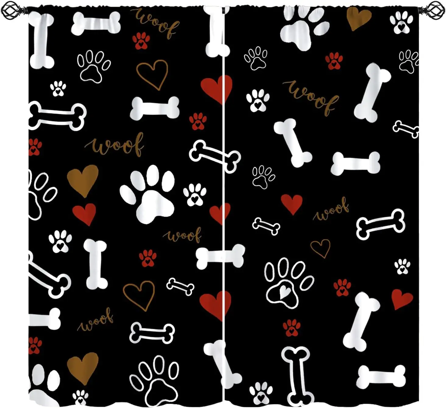 Dog Paw Bone Window Curtain 2 Panels, Puppy Footprint Bone Heart Woof Cursive Print Black Background Pet Decor Curtain