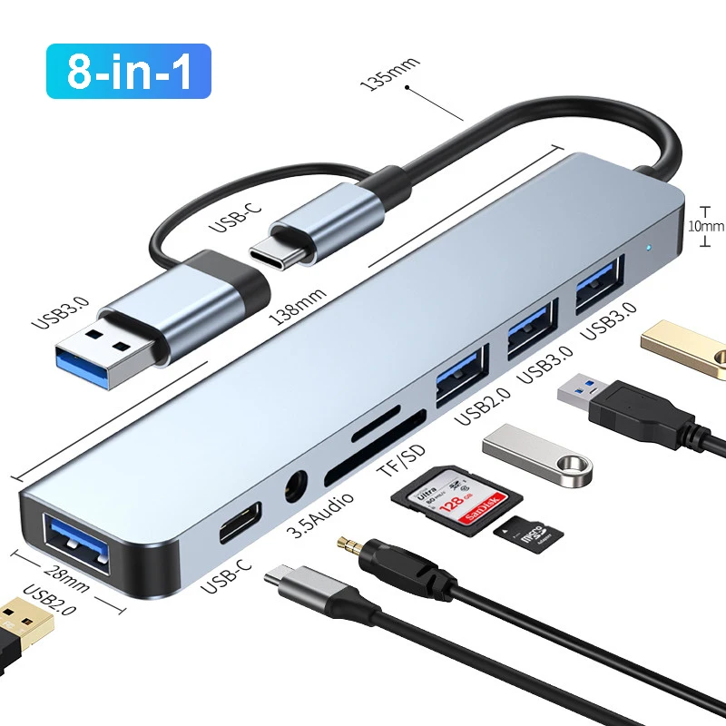 8-IN-2 USB HUB 3.0 USB C HUB Dock Station 5 Gbit/s Hochgeschwindigkeitsübertragung USB Splitter Typ C auf USB OTG Adapter für MacBook Pro