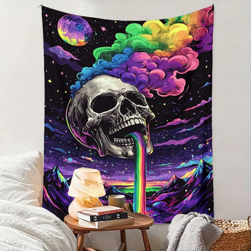 1PC Skull Rainbow Smoke Art Print Backdrop Banner, Bedroom Living Room Photo Background, Polyester, Home Decor, Wall Art