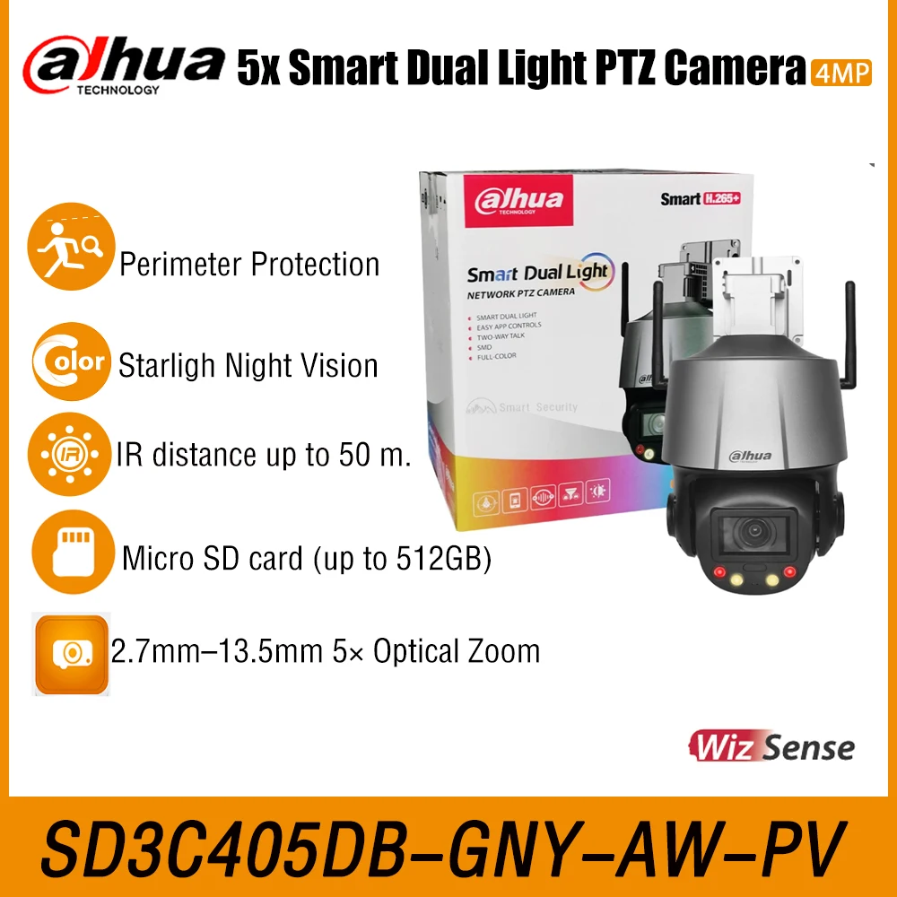 

Dahua SD3C405DB-GNY-AW-PV 4 МП 2,7–13,5 мм 5-кратный зум Smart Dual Light WizSense Wi-Fi Сетевая PTZ-камера IP66 Двусторонняя связь SMD 3.0