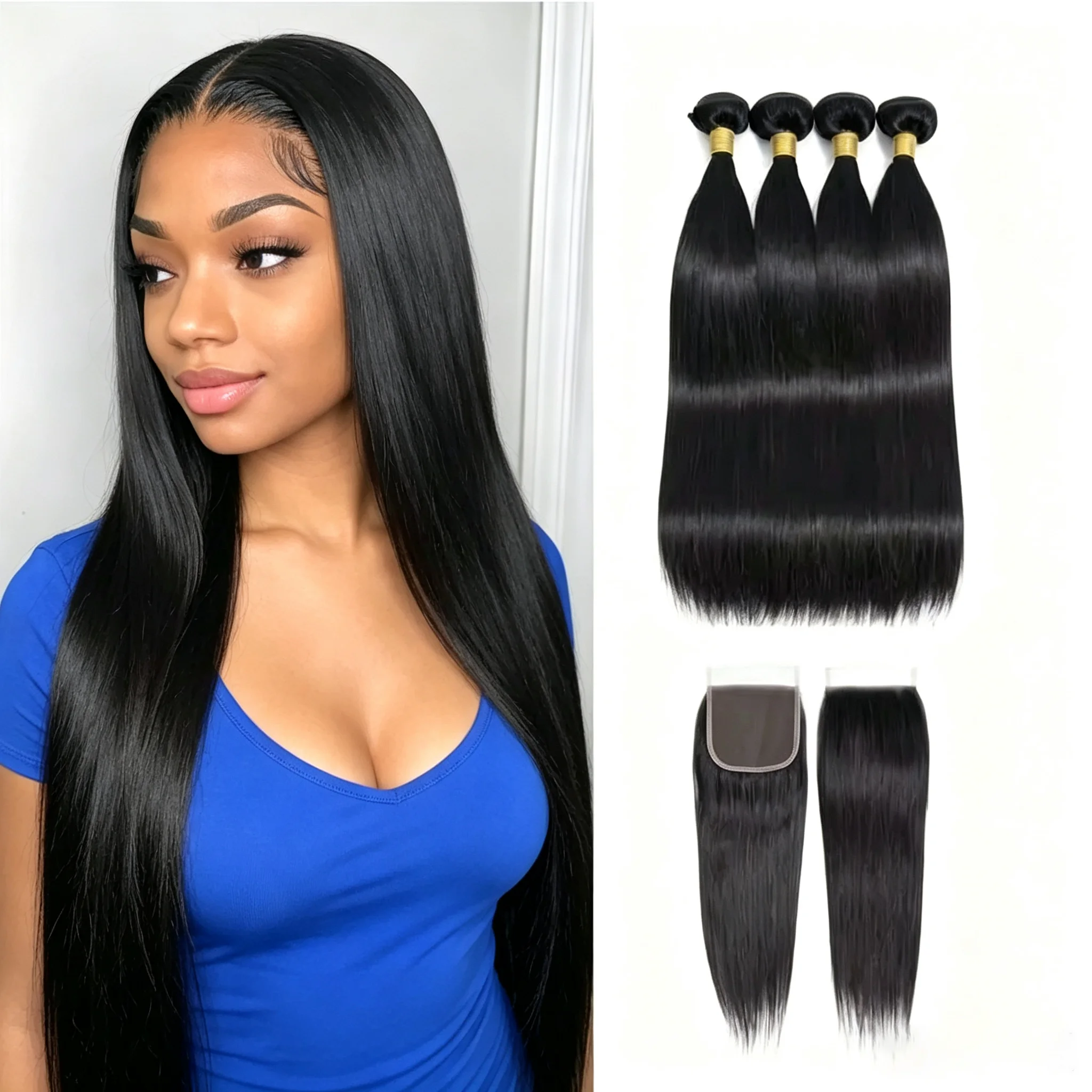 Straight Human Hair 3 Bundles with Closure virgin Straight Hair Weave Extensions 3 Bundles with 4x4 Lace Closure for women