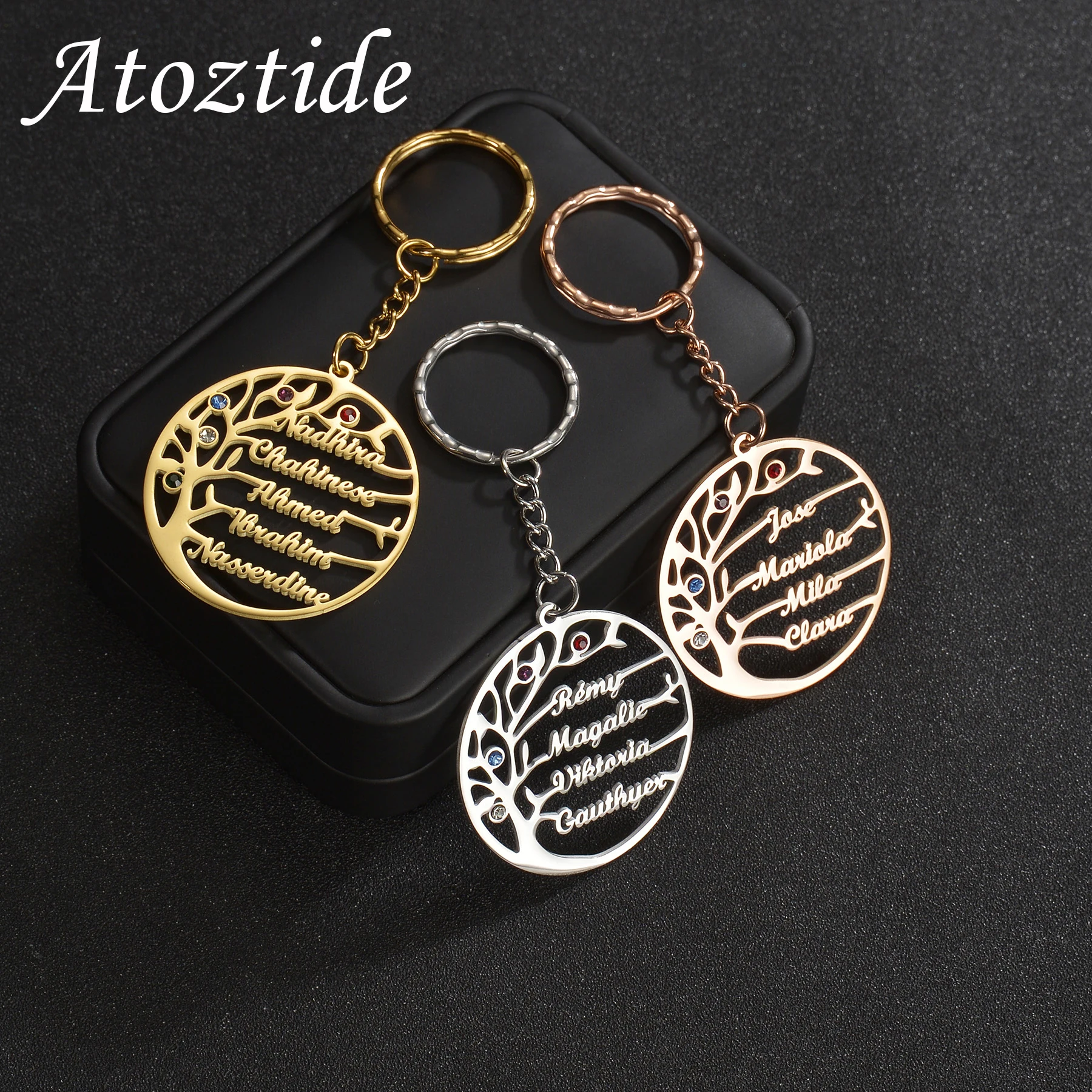 

Atoztide Personalizd Custom Family Name Tree of Life Birthstone Keychain Stainless Steel for Women Men Birthday Jewelry Gift