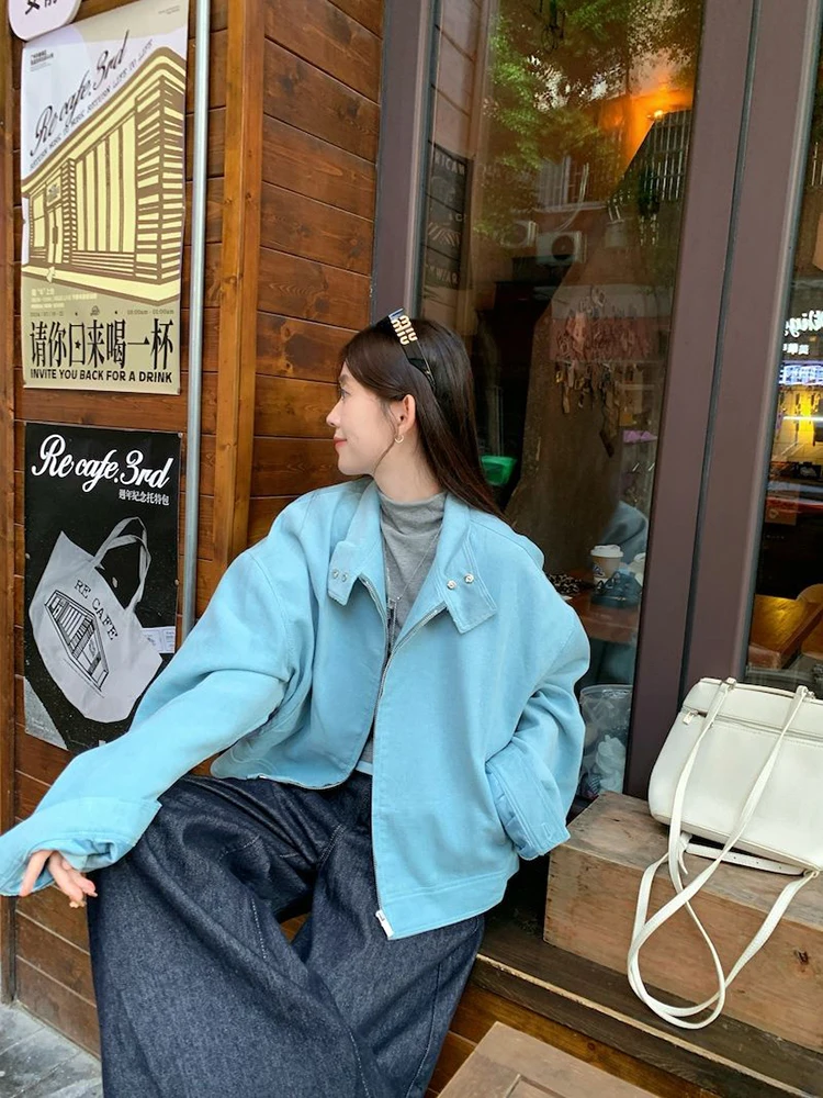 Giacca vintage con cerniera donna autunno blu manica lunga colletto alla coreana cappotti casual larghi coreano streetwear semplice capispalla hottie nuovo