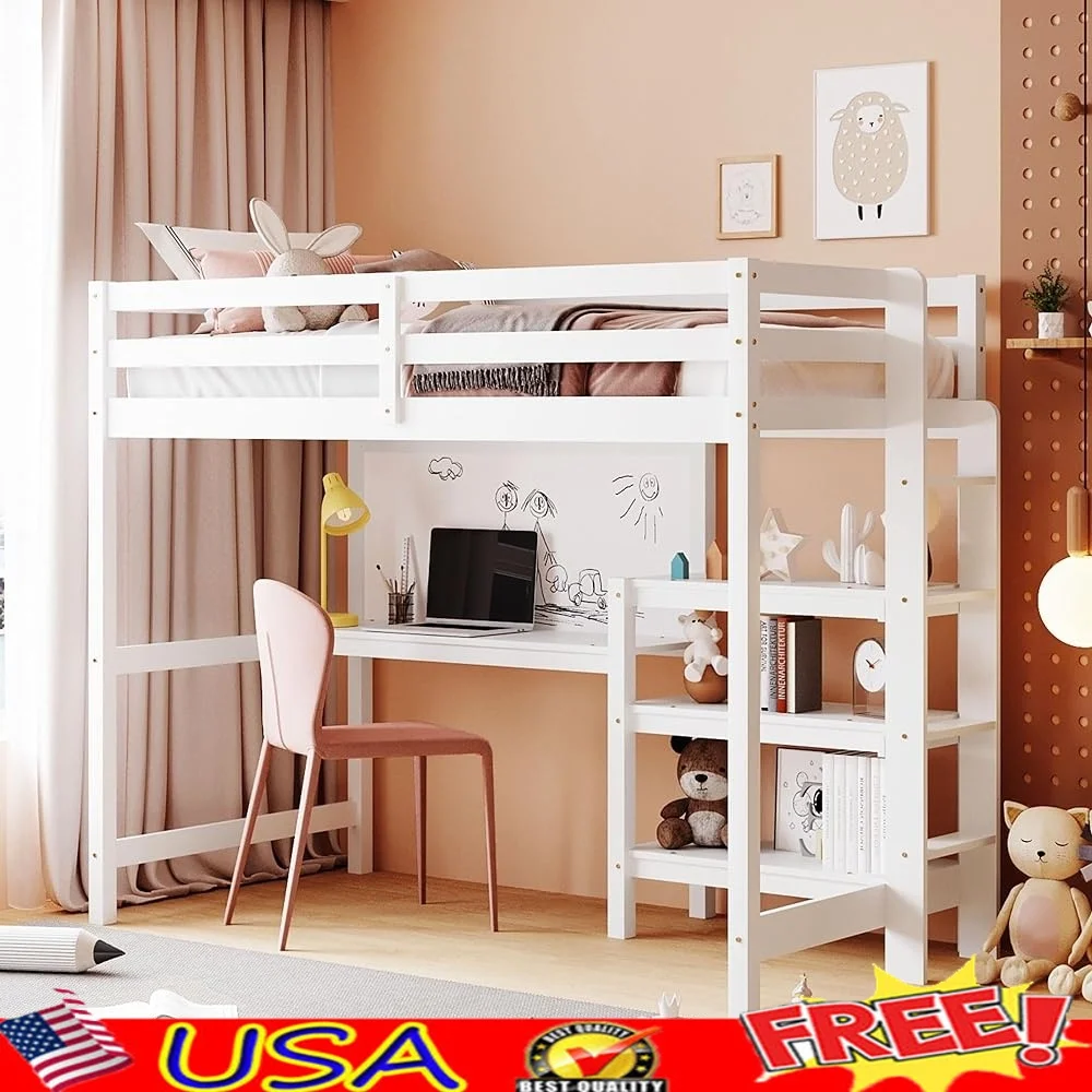 

Twin Loft Bed with Desk Writing Board 3 Shelves Space Saving Under Bed Furniture Bedroom Organization