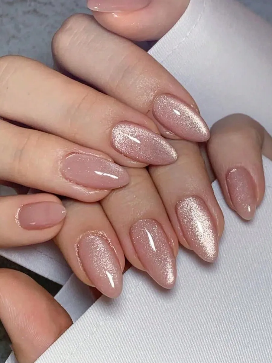 

24pcs Medium Nude Cat Eye Nail Stickers Set, Includes 1 Adhesive Sticker Sheet And 1 Mini Nail File, Suitable For Daily Wear, Id