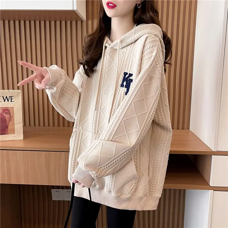 Women\'s Solid Hooded Drawstring Spring and Autumn Hoodies Plus Size Loose Korean Long Sleeve Printed Letter Pullover Casual Tops