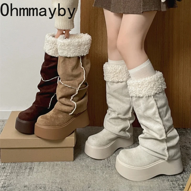 

Winter Platform Flats Women Fur Lining Pipe Snow Boots Concise Warm Cotton Shoes Ladies Outdoor Comfort Slip On Long Booties