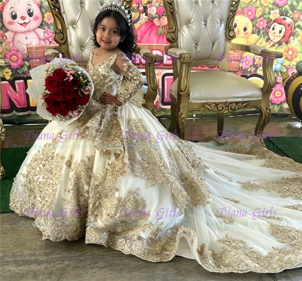 Neues luxuriöses, hochwertiges, flauschiges Blumenmädchenkleid aus Tüll mit exquisiter Goldapplikation für Kinder, Hochzeit, Geburtstag, Abendballkleider