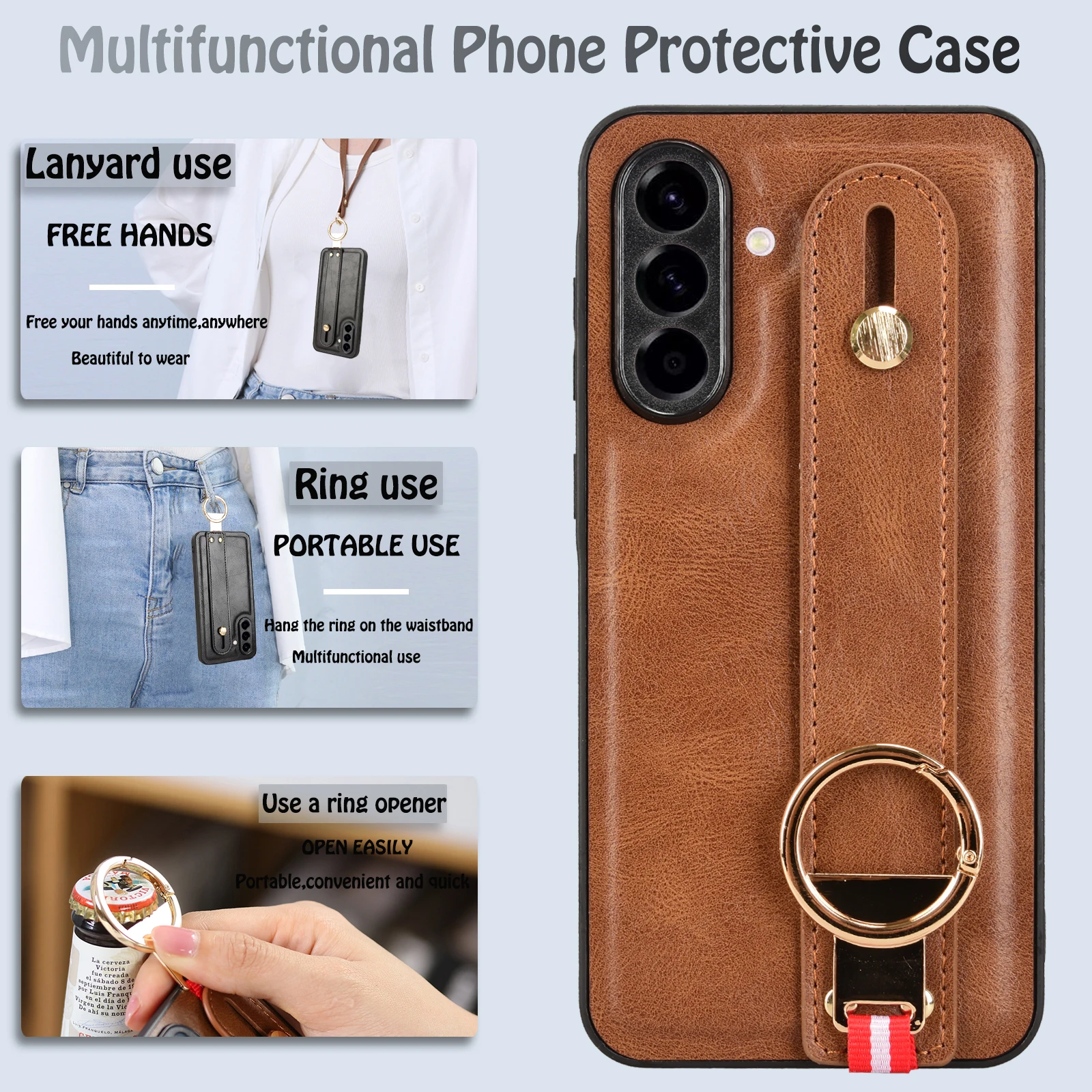 

Luxury Wristband Leather Stand Case for Samsung Galaxy A56 S36 A25 A15 A06 Cover With Ring Opener