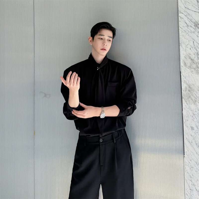 

Spring 2026 Men's Long Sve irt Detachable Tie Hairst Trendy Top Loose Fit Flat Weave Polyester Comfortable Breathable