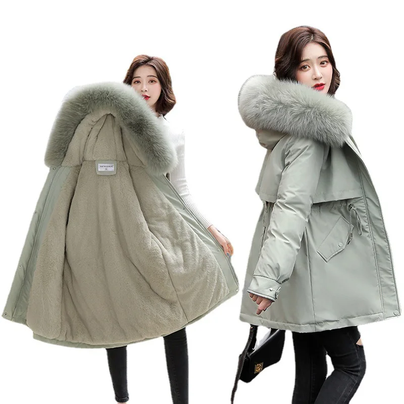 Winter Coat Low Price On Sale Women Beige Add Wool Thick Warmth Fur Hooded Parkas Jacket 2023 New Fashion Belt Slim Cotton Coat