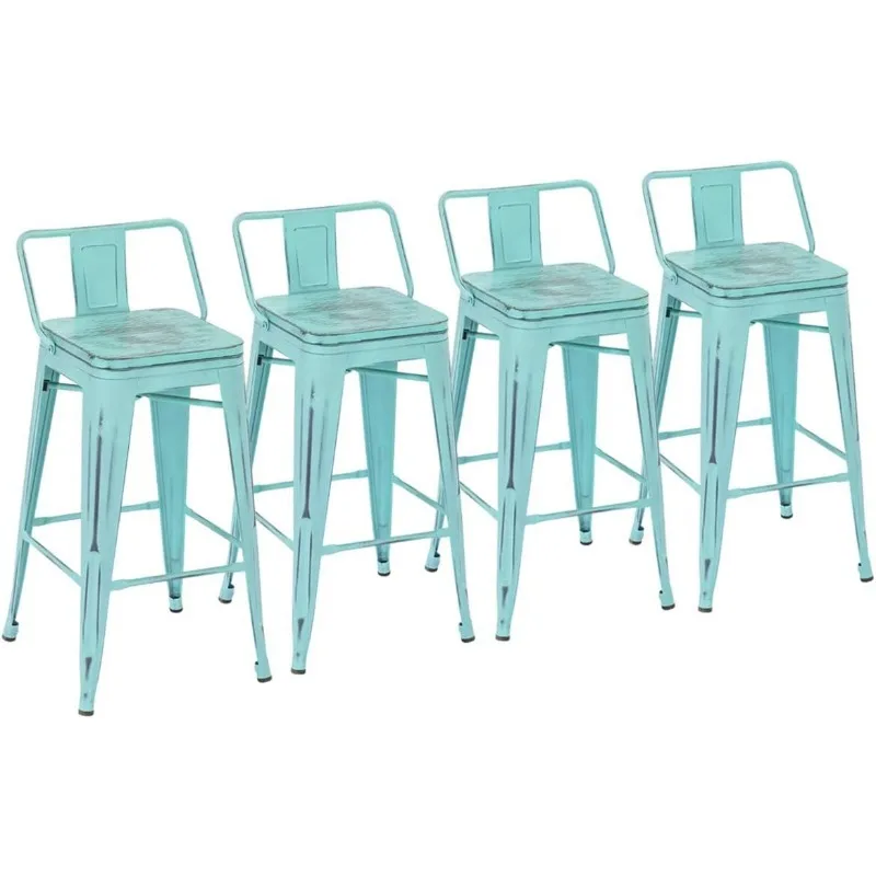 Taburetes de Bar de 26 pulgadas, Juego de 4 taburetes de altura para mostrador de cocina con asiento de madera, sillas de Bar de espalda baja de Metal, color negro mate