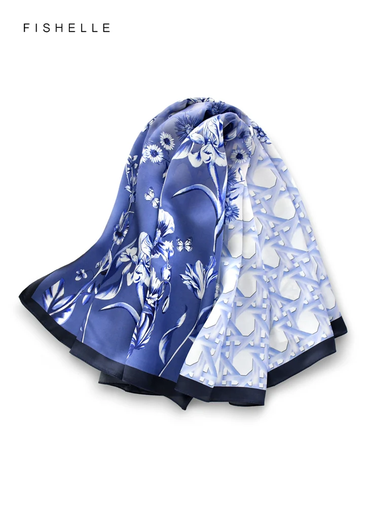 

Blue Purple Flowers 100% Silk Scarf Women's Shawl Wrap Bandana Hijab Headband Square Kerchief Satin Silk 90CM Luxury Gifts