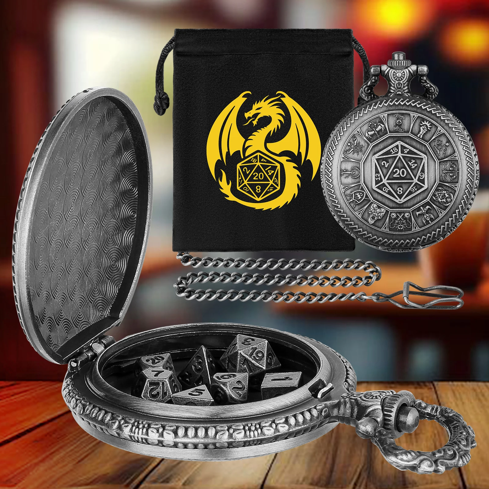 5pcs Metal D20 Polyhedral Dice Pocket Watch Case Mini Dice Set Vintage Fob Chain Pendant Gift for Role-playing Game Lovers