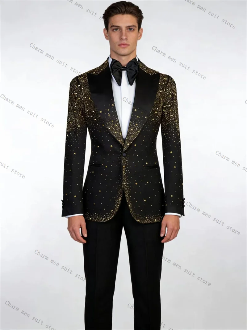 

Golden Crystals Men Suits Set 2 Pcs Black Blazer+Cotton Pants Trousers Wedding Tuxedo Formal Office Business Groom Jacket Coat