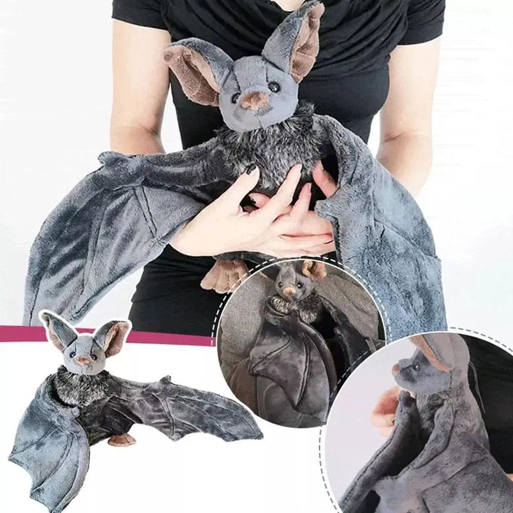 Vivid Stuffed Bat Doll Plush Throw Pillow with Realistic Foldable Wing Seat Cushion Halloween Xmas Ornament Bat Dolls Decor