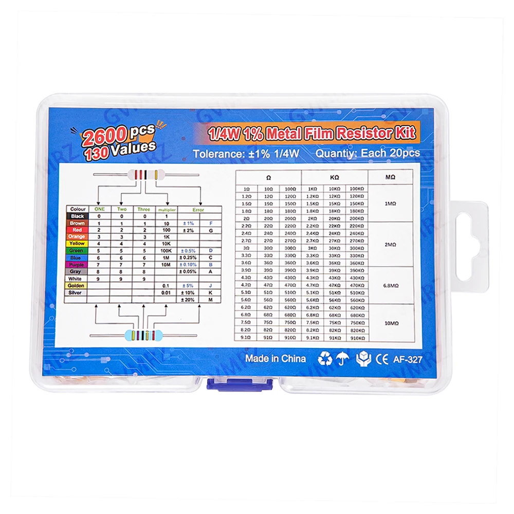 1/4W 1/8W 1/2W 1W 2W Metal Film Resistor Kit 130 Values 0.125W 0.25W 0.5W 1% Resistance Assortment Assorted Set Box 1/2W 1W 2W