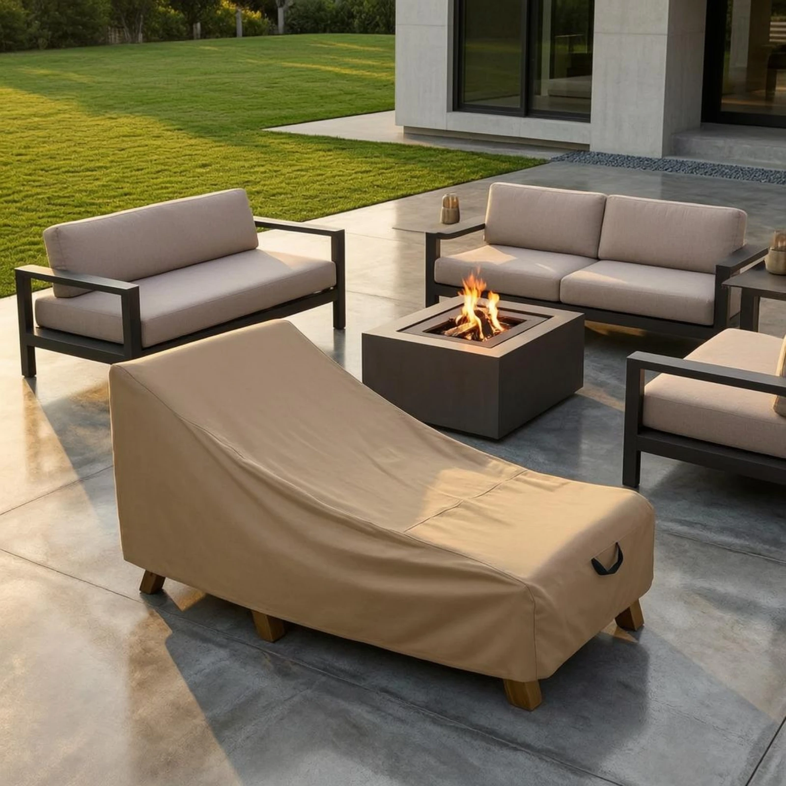 Patio Chaise Lounge Cover Khaki Chaise Lounge Cover Shielding Slipcover Tailored Fit Outdoor Protection Sloped Top view 3
