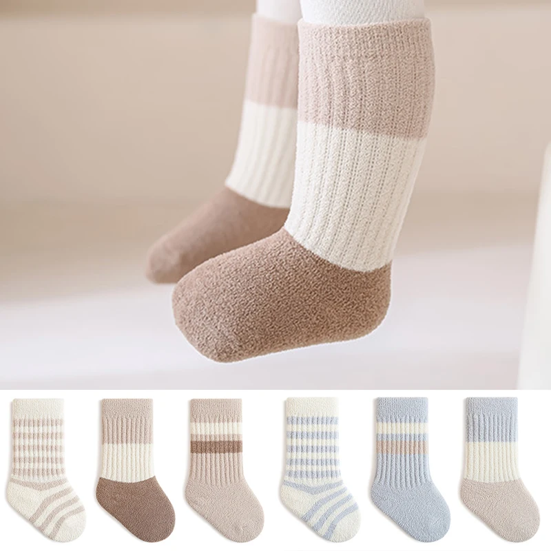 3 Paar Kinder-Bodensocken, Winter, warme Babysocken, für den Innenbereich, Kleinkind-Socken, Korallensamt, Kinder-Mid-Tube-Socke für Jungen und Mädchen