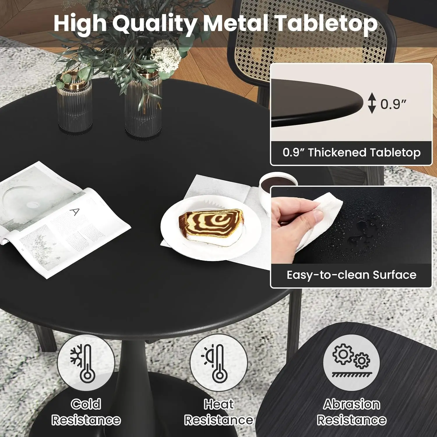 Table de salle à manger ronde noire, table de cuisine tulipe moderne de 32 po avec piédestal en métal robuste, table britannique épaissie de 0.9 po, loisirs du milieu du siècle