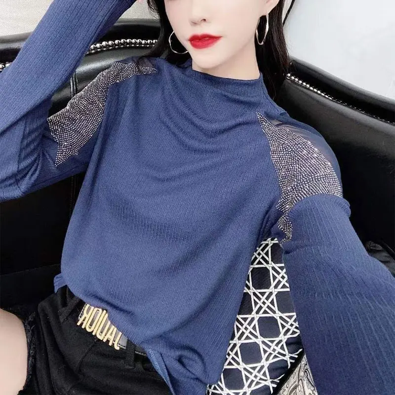 Fashion Gauze Spliced Diamonds T-shirt Women\'s Clothing Basic Solid Color Korean Autumn Winter Casual Half High Collar Pullovers