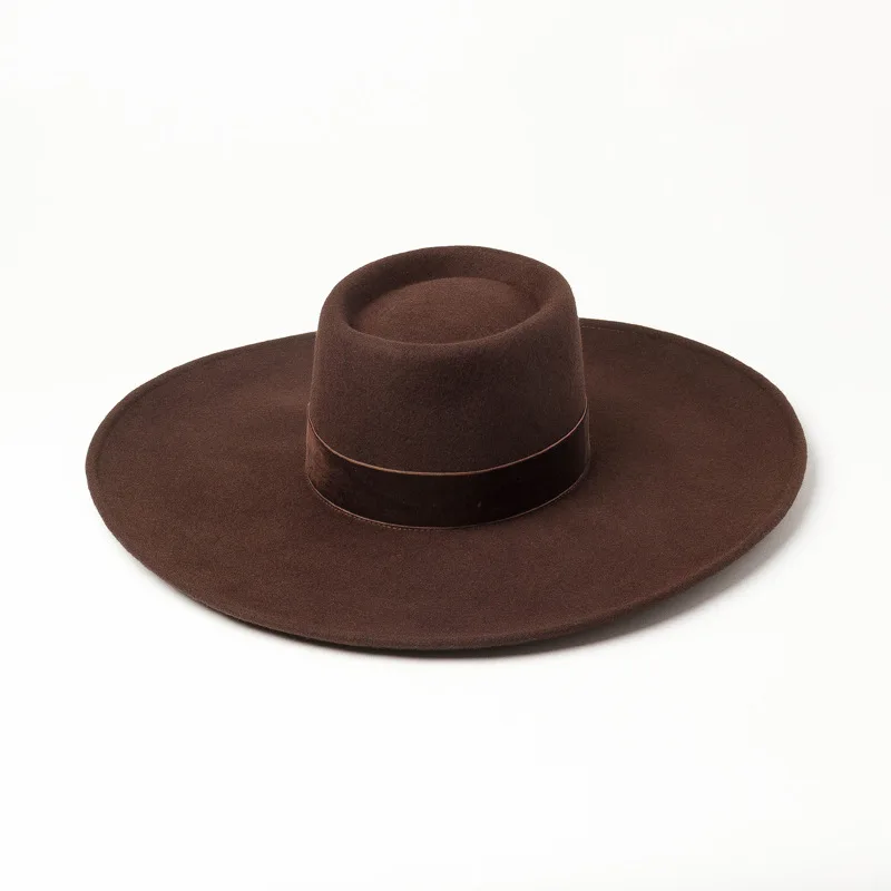 Autumn Winter New Velvet Decorated Round Ring Top Wide Brim Woolen Hat Fashion Show Style Large Brim Felt Hat