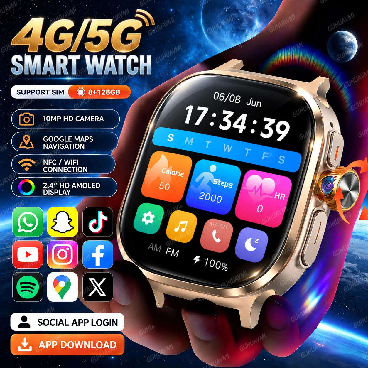 2026New Original Call 4G\5G LTE Smart Watch 128GB Memory 1000W Camera Social App Download 2.4-inch AMOLED WIFI SIM Card Watches