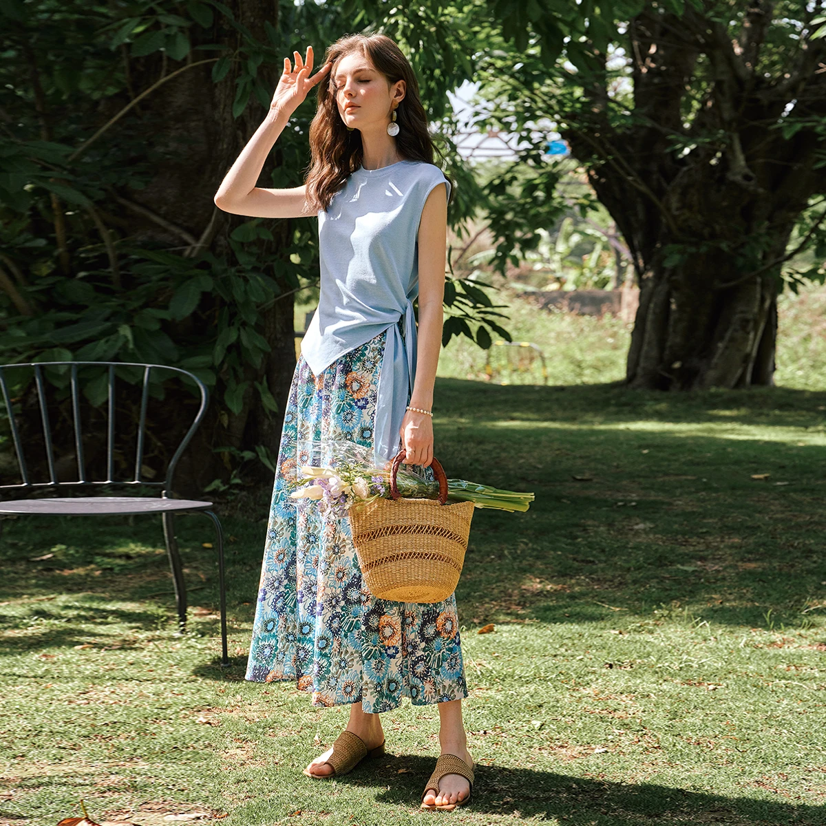Olrain 2 peça define mulher roupas de férias 2025 verão moda saia floral azul cinta-on conjunto superior roupas femininas seto57xe99629