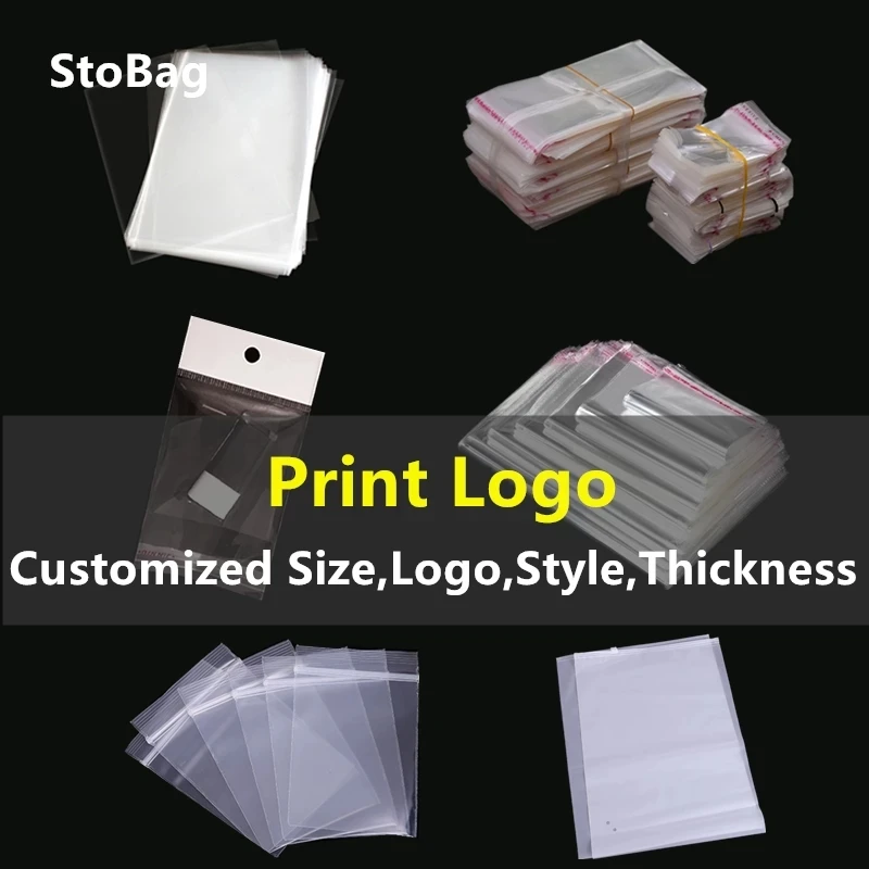 StoBag Customized Transparent Plastic Bag Print Logo Clear Opp Self Adhesive Hanging With Hole Top Open Flat Bags