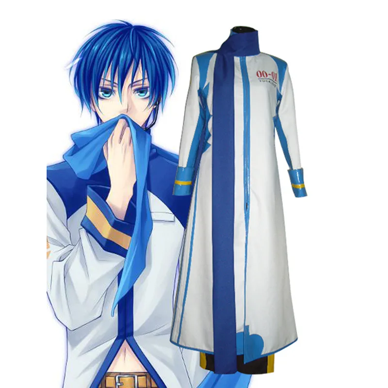 

Cool Man Long Coat Uniform with Blue Scarf Cosplay Costume