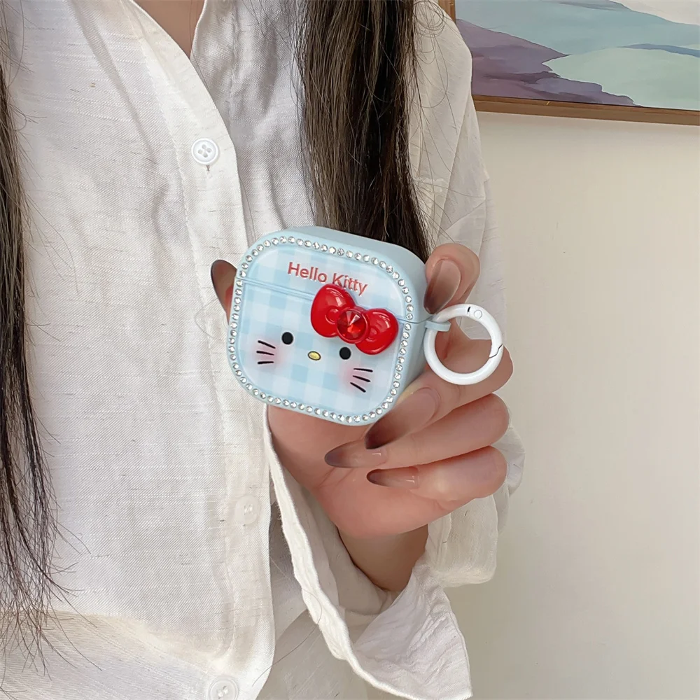 

Korean INS Blue Plaid Hellokitty Headphone Case Shockproof Cover for Apple Airpods 2 3 4 Pro 2 Pro 3 Cases Charm Cartoon Fundas