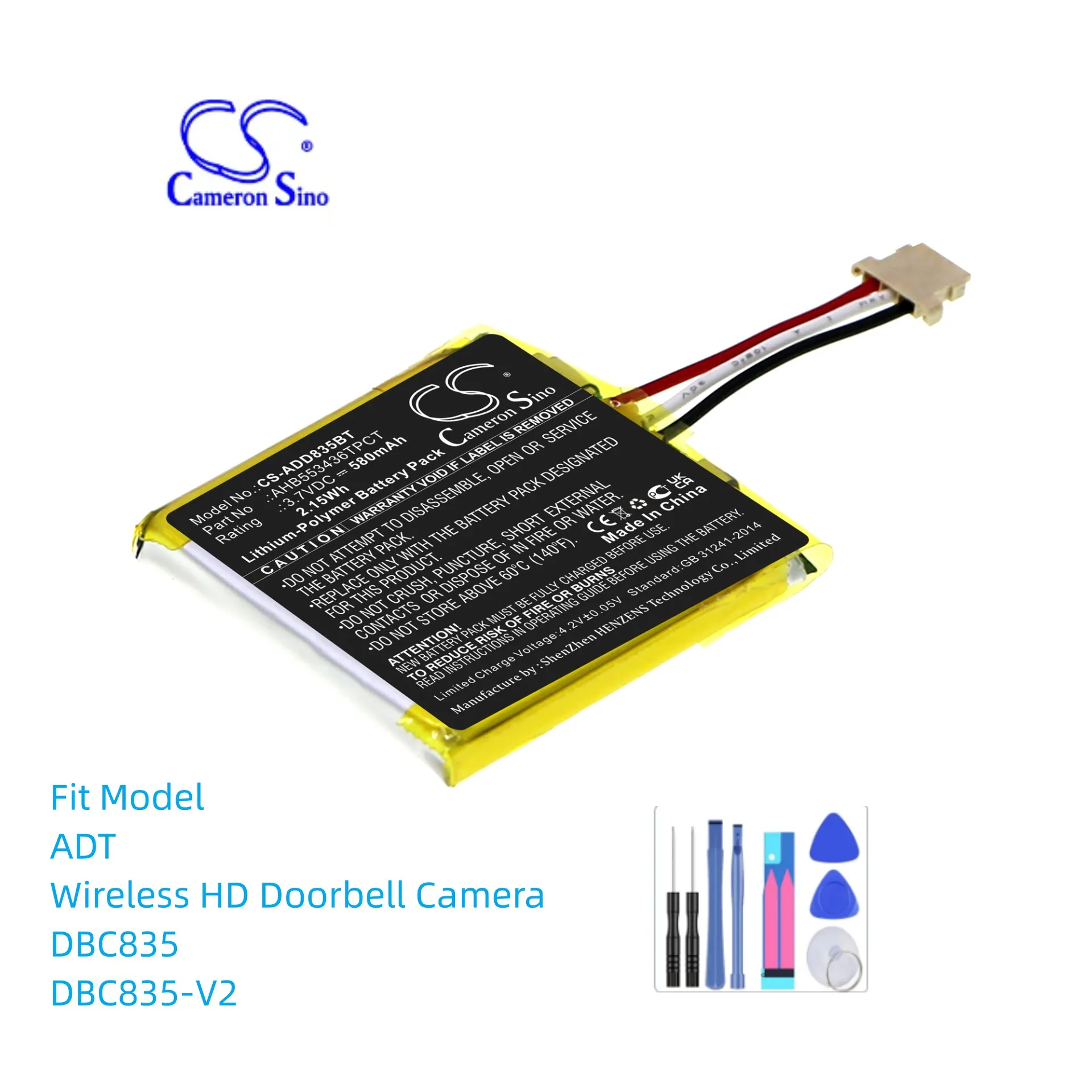 

Home Security Camera Battery For ADT:AHB553436TPCT,Wireless HD Doorbell Camera,DBC835-V2,--580mAh / 2.15Wh--Li-Polymer--3.70V