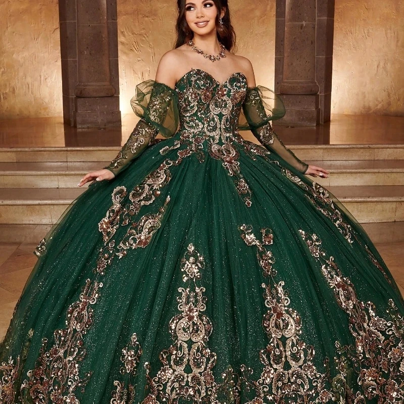 

Luxury Emerald Green Sweet 16 Ball Gown Quinceanera Dress 2024 Off the Shoulder Beads Crystal Appliques Lace Vestidos De 15 Años