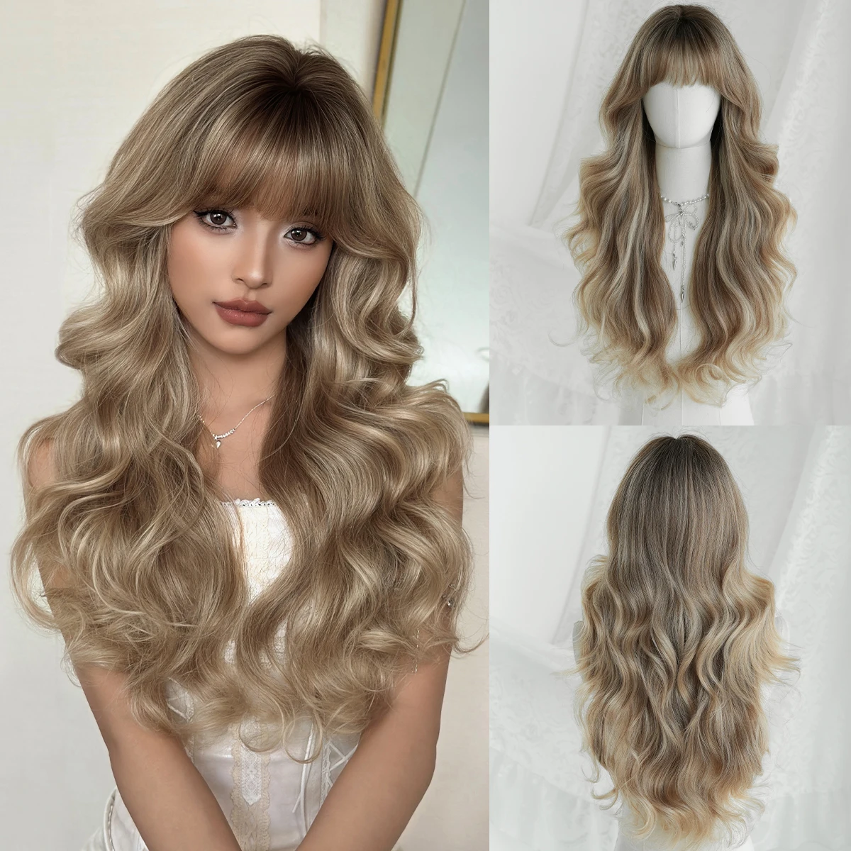 

7JHH WIGS Long Water Wave Champagne Wig for Women Synthetic Heat-Resistant Modest Fashion Wear and Go Gray Wigs with Neat Bangs