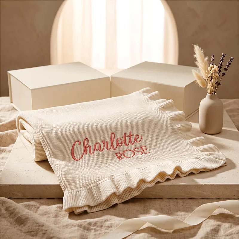Embroidered INS Wind Lotus Leaf Edge Pure Cotton Knit Blanket, Baby Blanket, Custom Name Blanket, Newborn Gift, Baby Hug Blanket