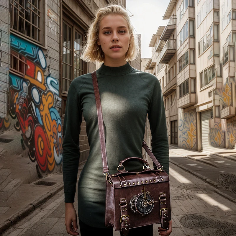Steampunk Briefcase for Women Vintage Handbag Tote Clock Shoulder Wallet PU Leather Square Messenger Side Crossbody Bag Suitcase