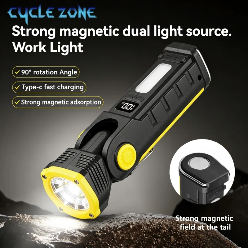 Portable Dual Light Source Flashlight Rechargeable Rotating Work Light Tail Magnet Car Repair Inspection Outdoor Emergency Lamp