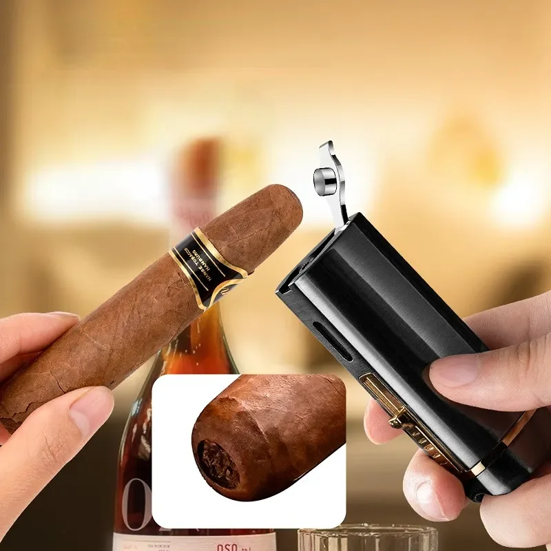 Allume-cigare de luxe en métal pour hommes, torche coupe-vent, jet droit, allume-cigare au butane, accessoires pour fumeurs, poinçon à cigare,