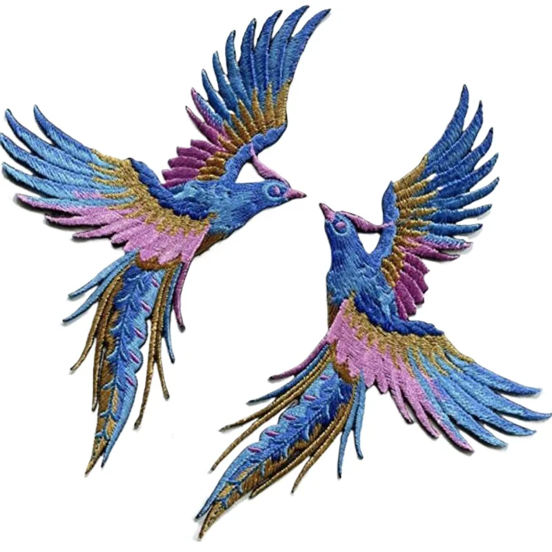 Phenix Birds Azure Blue Pink Gold Embroidered Appliques Iron-On Patches Pair