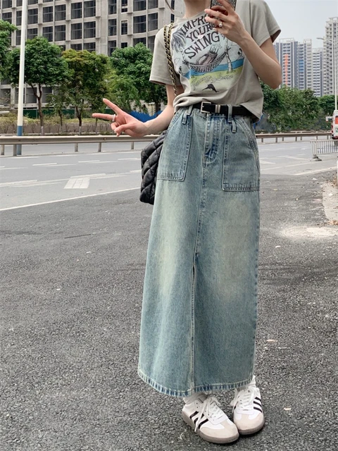 Denim Skirt Women's Midi Skirts Gray Denim Skirt Outfit Ideas - Main Image