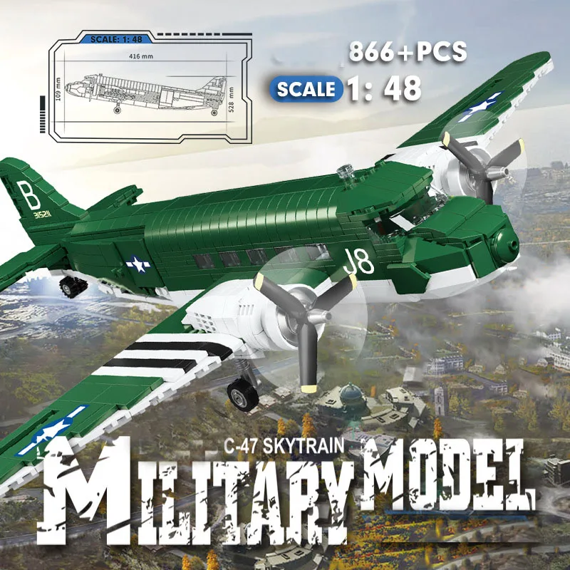 Military WW2 C-47 Transport Aircraft Block DIY 1:48 US Plane Building Brick Toys For Boys Kids