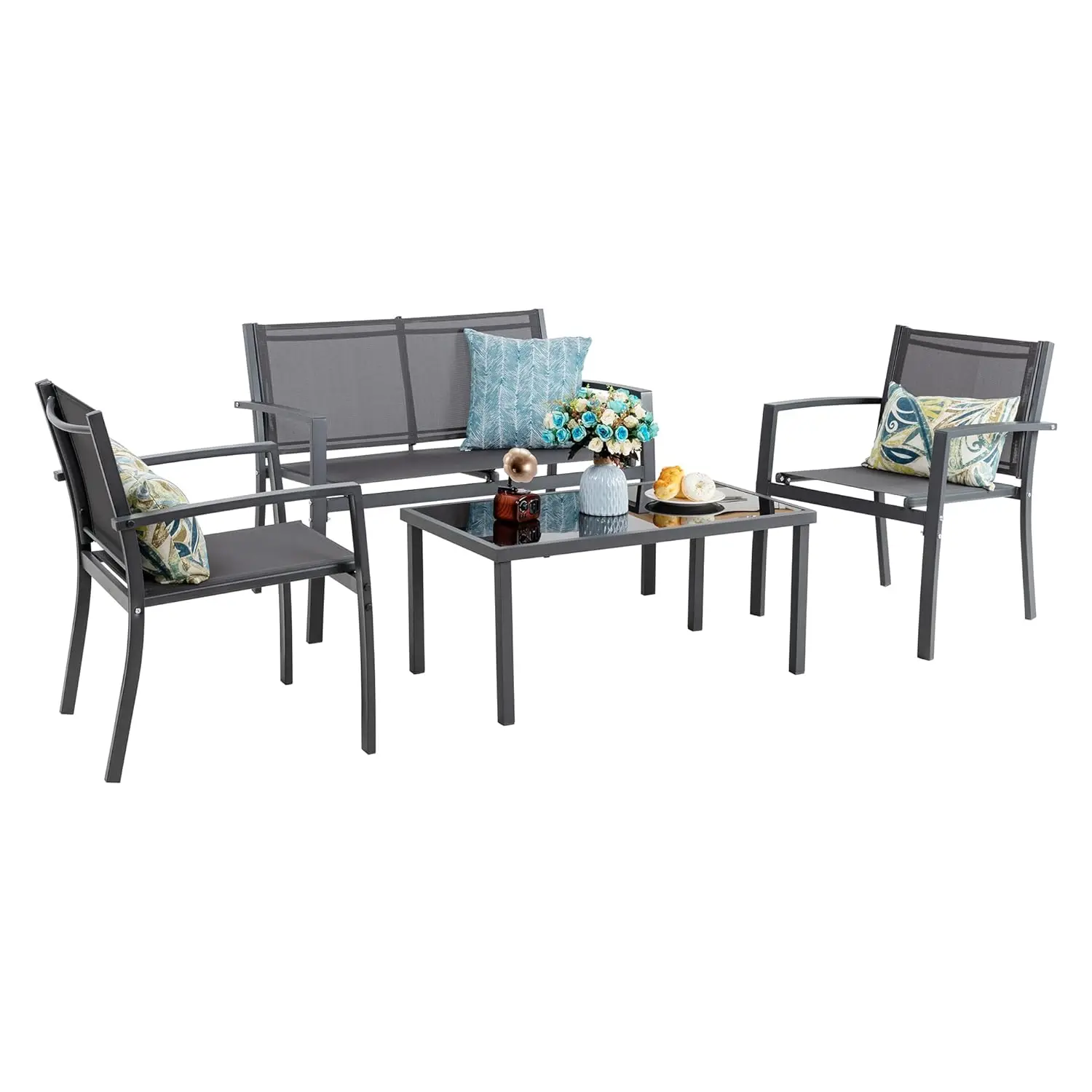 o*-4 Pieces Patio Furniture Sets,Outdoor Patio Conversation Sets with Glass Coffee Table, Small Porch Balcony, Customized