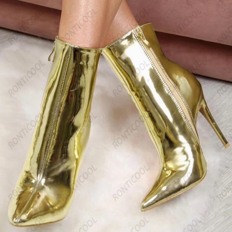 

Ronticool/женские зимние ботильоны ручной работы, глянцевые пикантные туфли на шпильке с острым носком, красивая обувь для вечеринок цвета шампанского, золотого цвета, размер 35-47