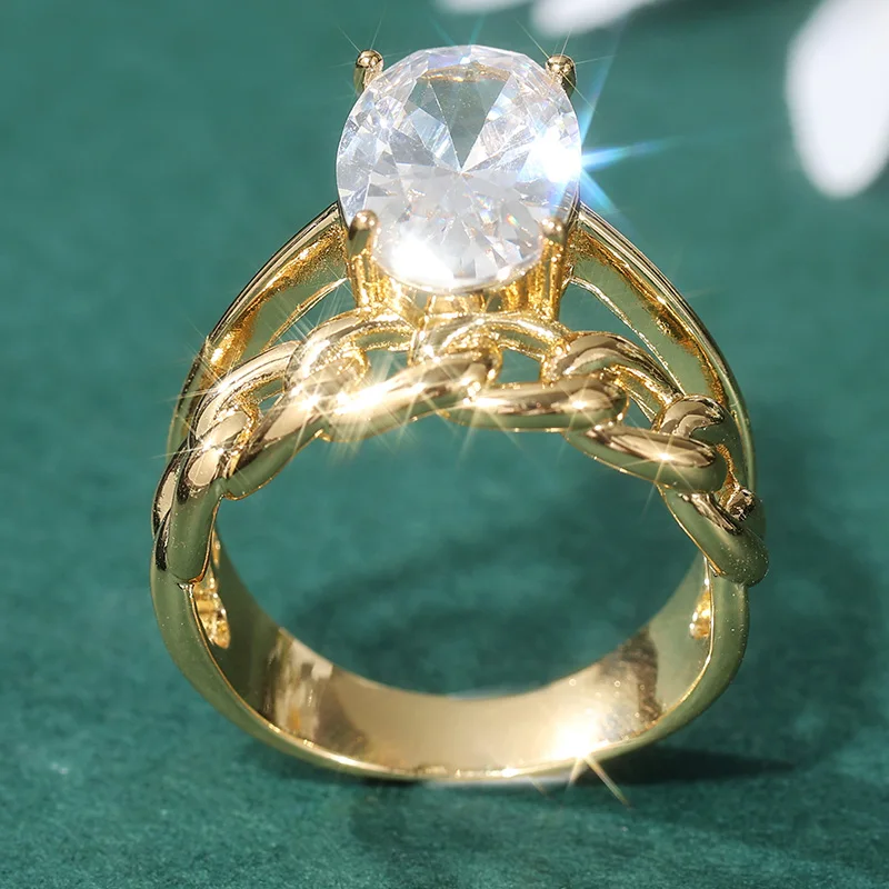 Klassischer goldfarbener, mit weißen CZ-Steinen eingelegter Damenring mit geometrischem Muster für den täglichen Gebrauch, Partyschmuck – Detail 3