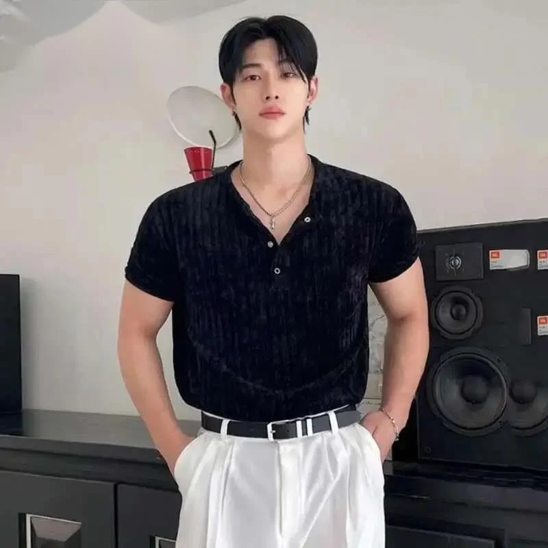 Korean Style Men's Tees Round Neck Solid Color Button Design Tops Short Sleeved Slim Pullover Male T-shirts Summer 9WC98I