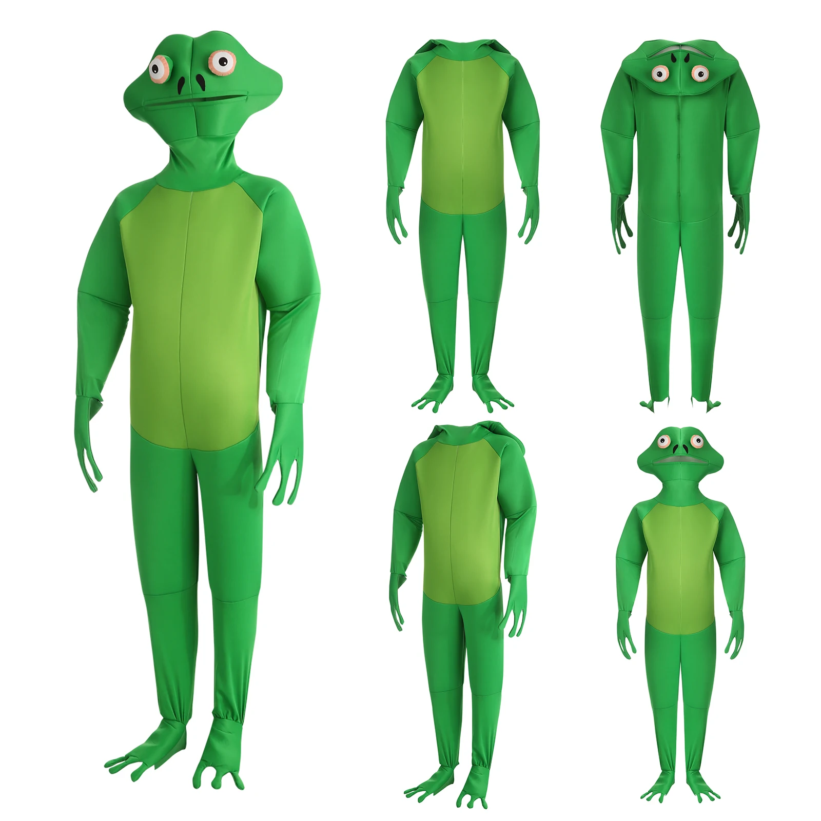 Halloween-Frosch-Cosplay-Kostüme für Herren, offener Kapuzenoverall mit Schwimmhäuten und Stiefelüberzügen